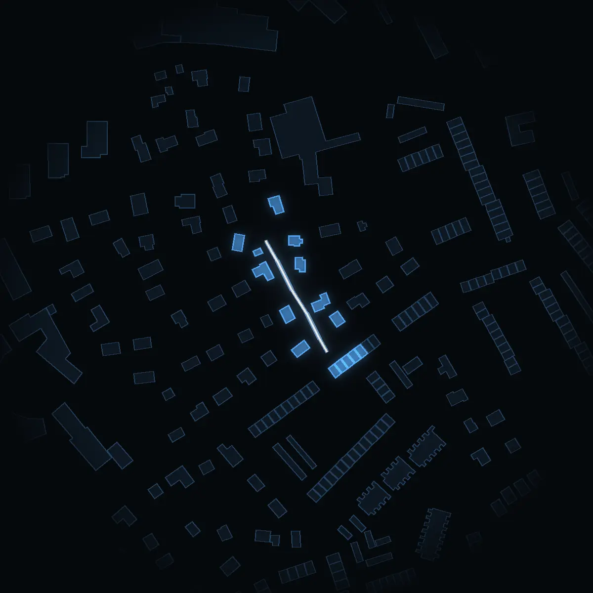 The street at night: Släntvägen drawn in white, its buildings lit in the colour of their area’s income