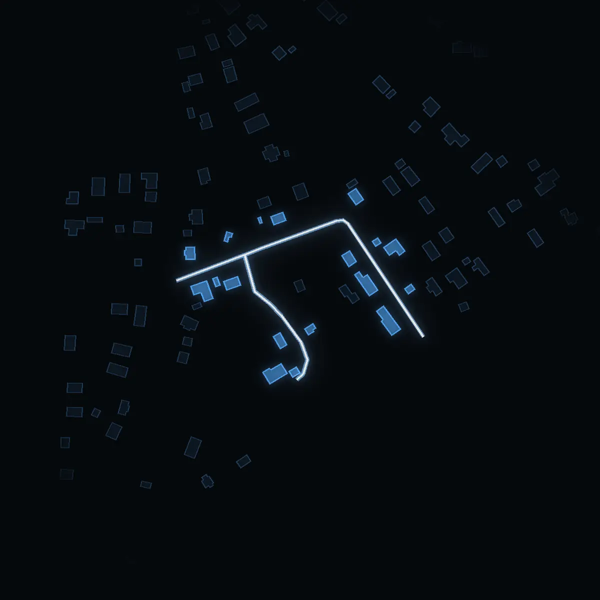 The street at night: Smedjevägen drawn in white, its buildings lit in the colour of their area’s income