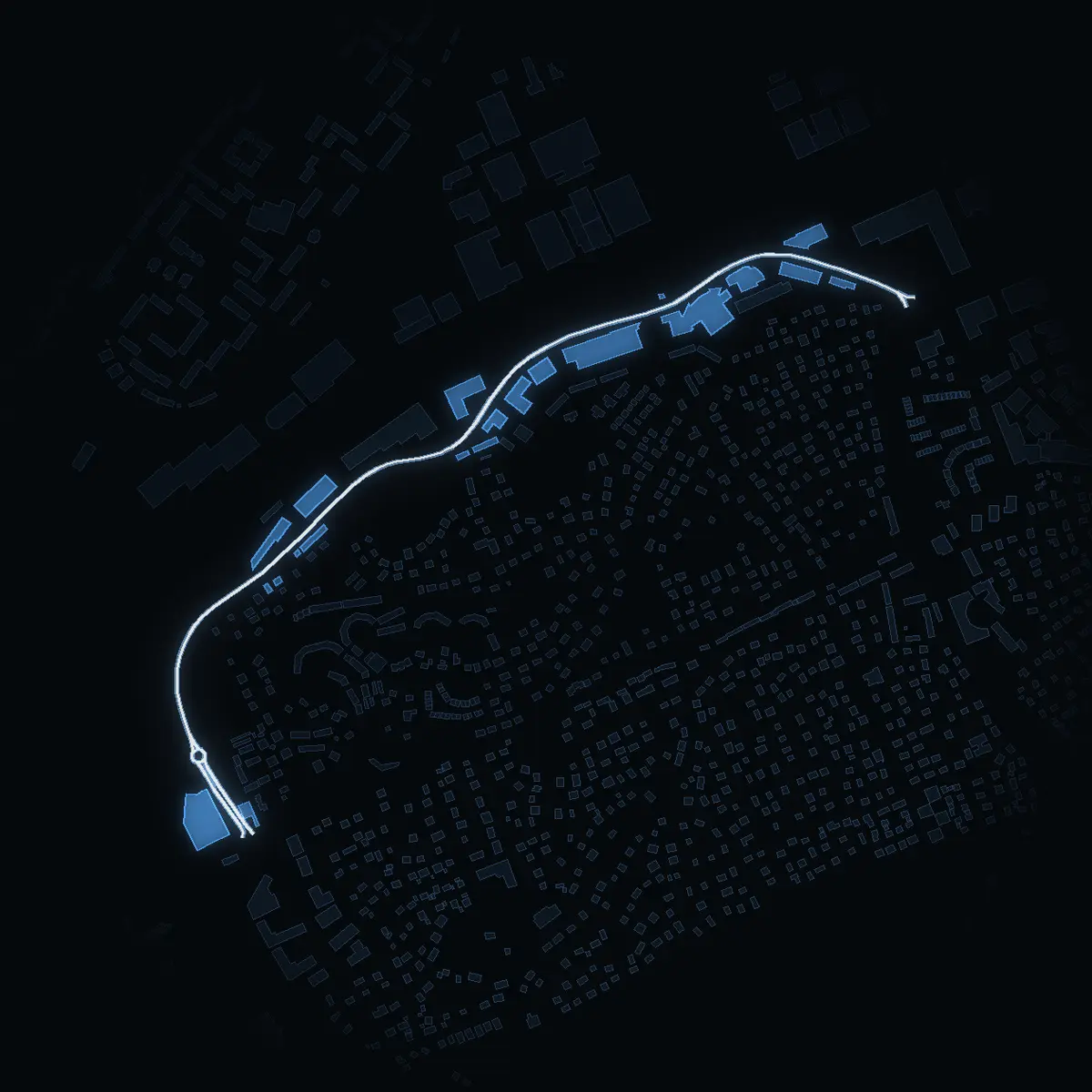 The street at night: Smista allé drawn in white, its buildings lit in the colour of their area’s income