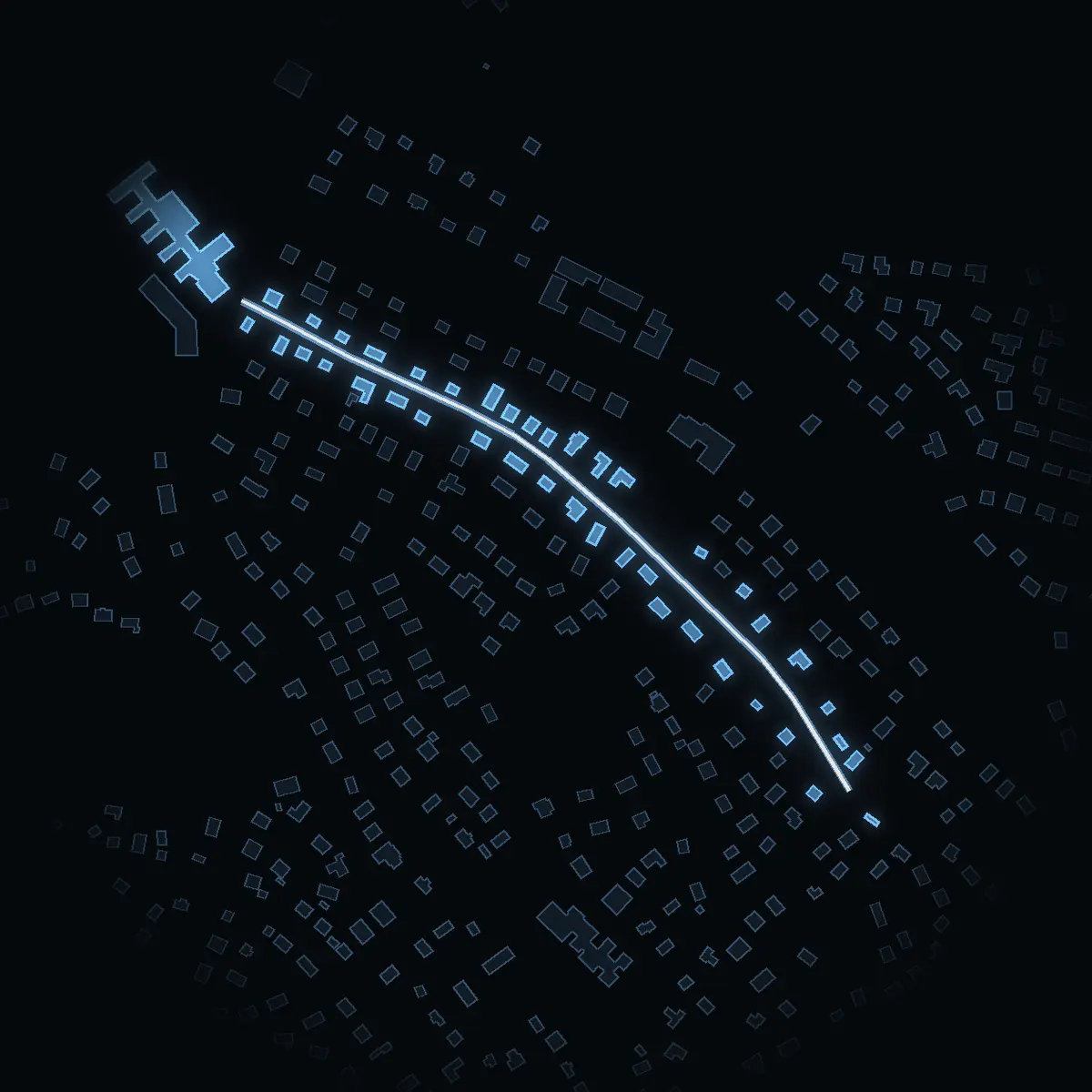 The street at night: Solhemsvägen drawn in white, its buildings lit in the colour of their area’s income