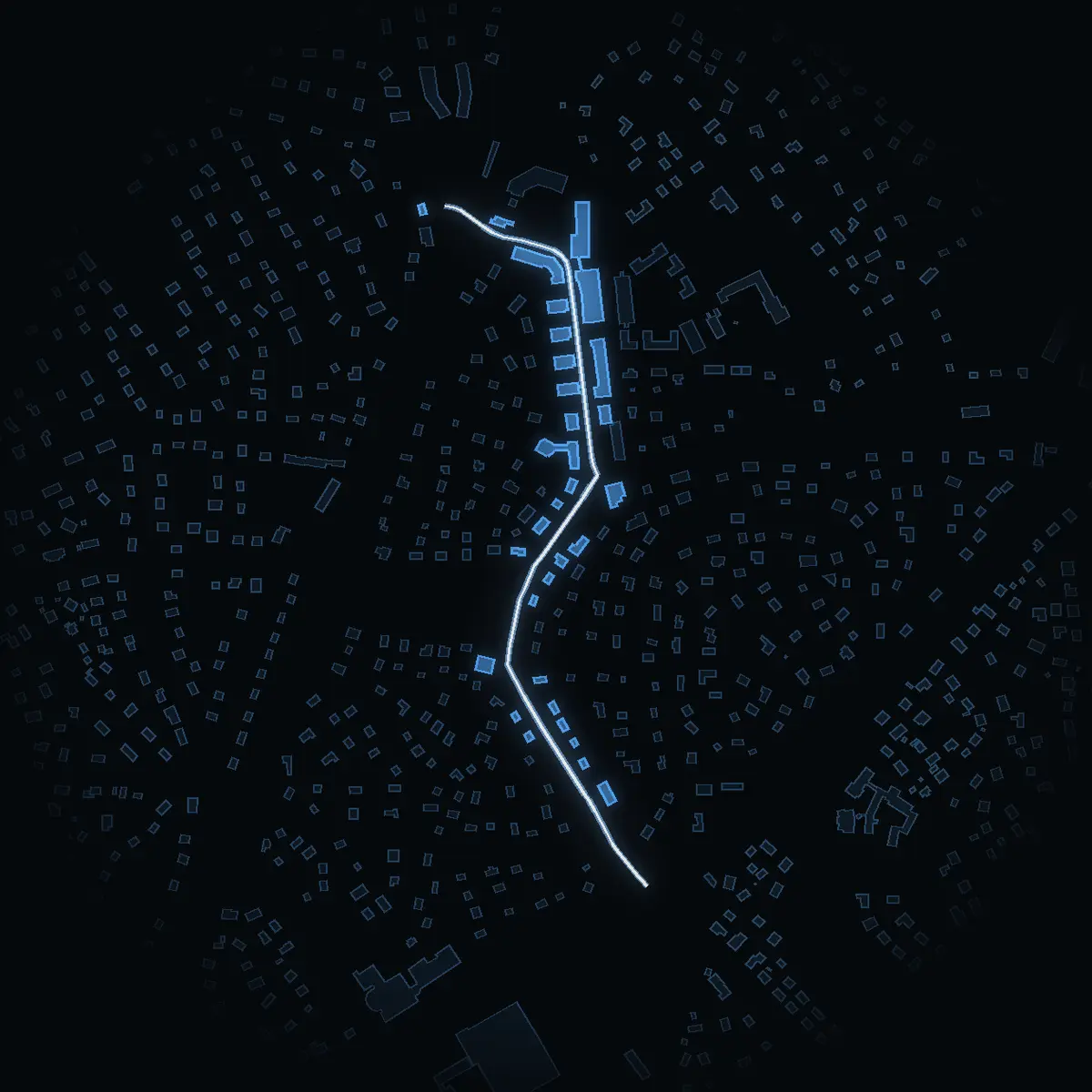 The street at night: Stationsvägen drawn in white, its buildings lit in the colour of their area’s income