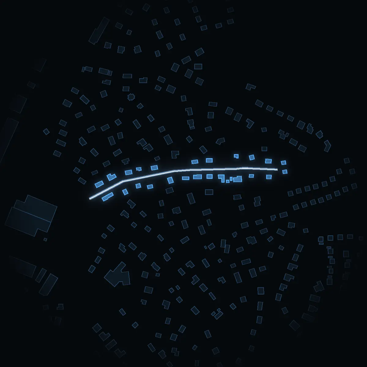 The street at night: Stensängsvägen drawn in white, its buildings lit in the colour of their area’s income