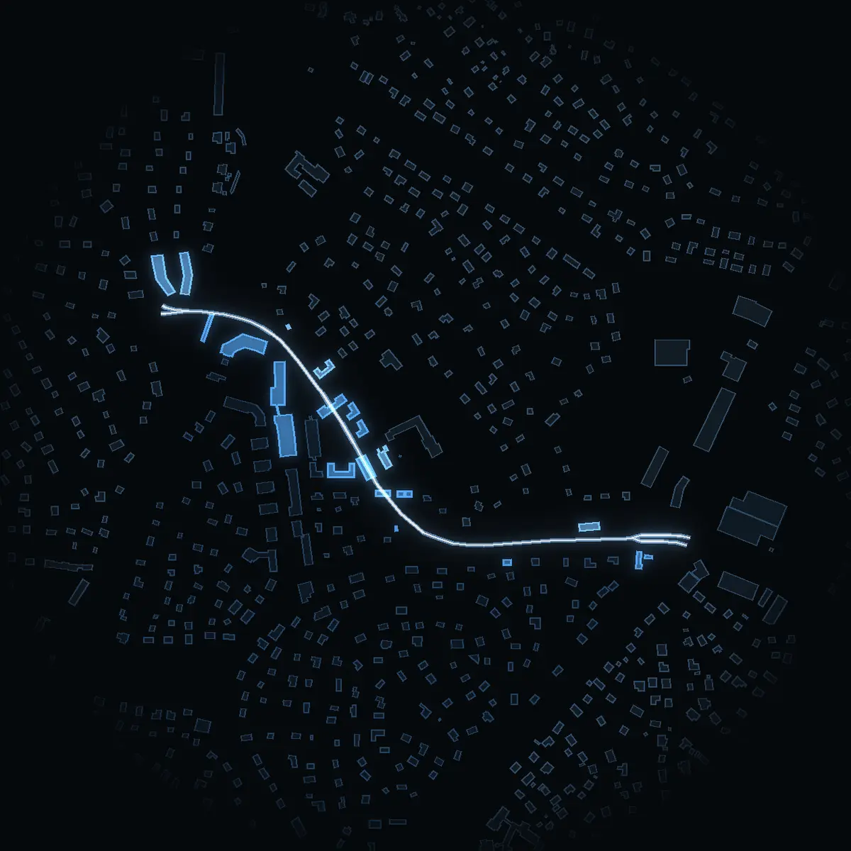The street at night: Stuvstaleden drawn in white, its buildings lit in the colour of their area’s income