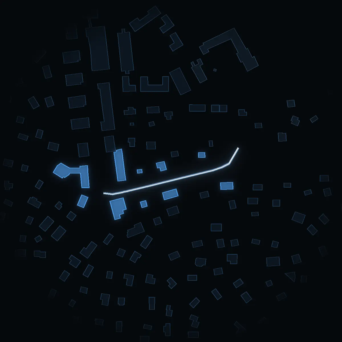 The street at night: Stuvstavägen drawn in white, its buildings lit in the colour of their area’s income