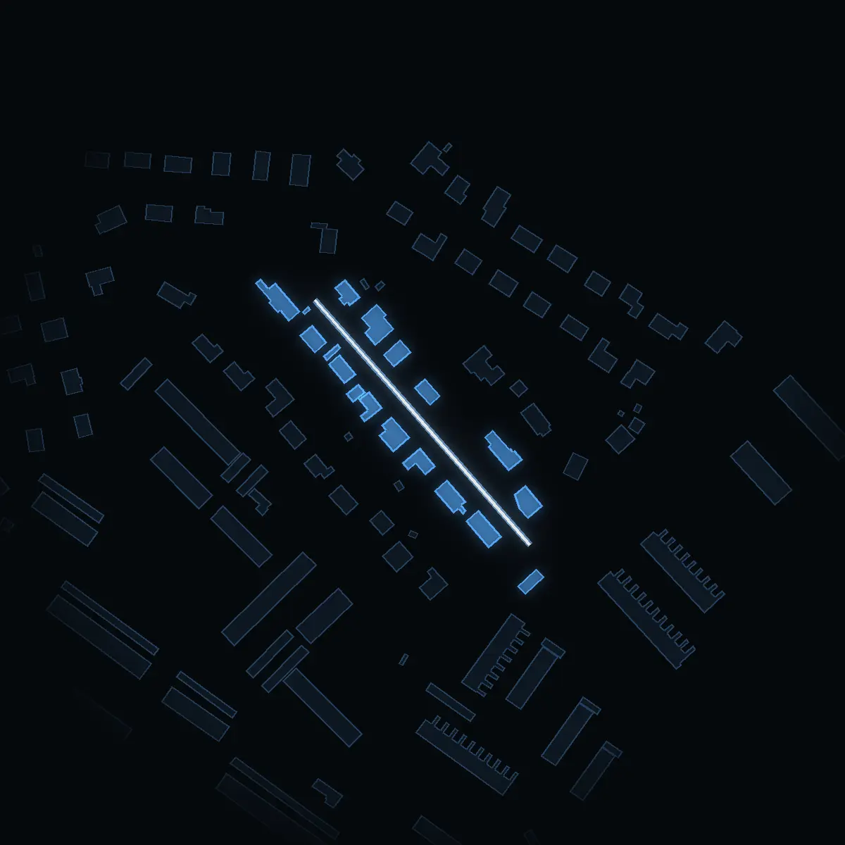 The street at night: Täljstensvägen drawn in white, its buildings lit in the colour of their area’s income