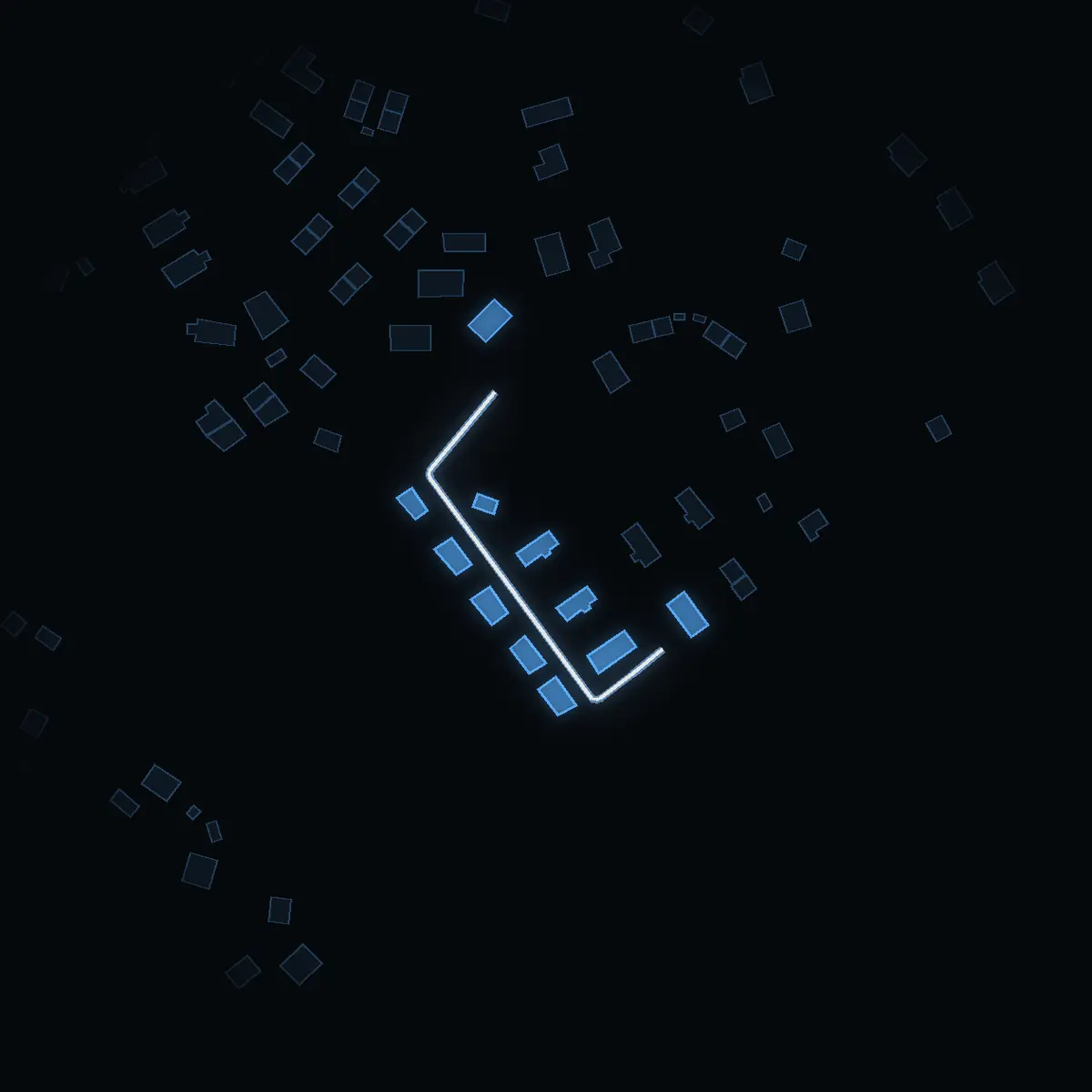 The street at night: Tallmyravägen drawn in white, its buildings lit in the colour of their area’s income