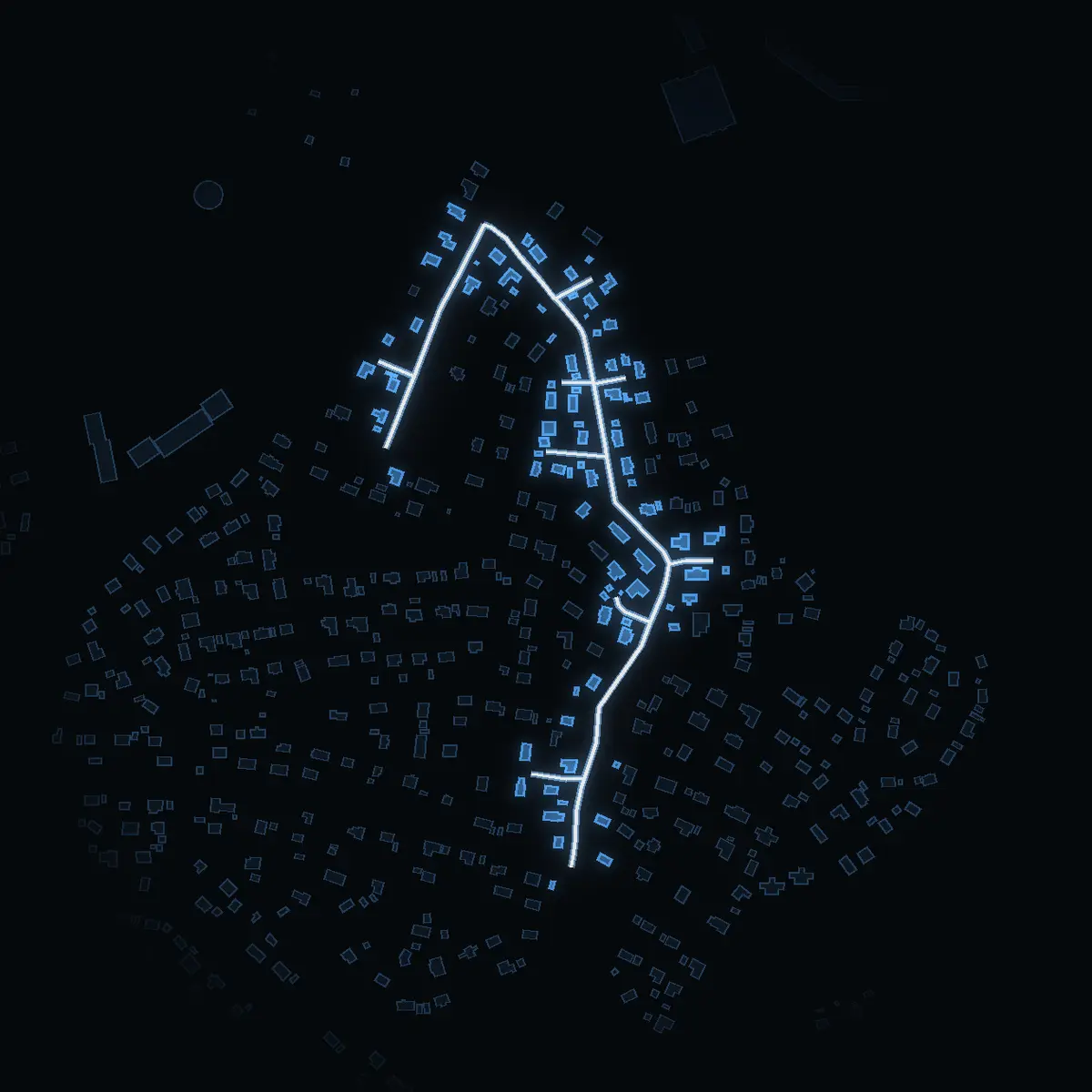 The street at night: Timmervägen drawn in white, its buildings lit in the colour of their area’s income