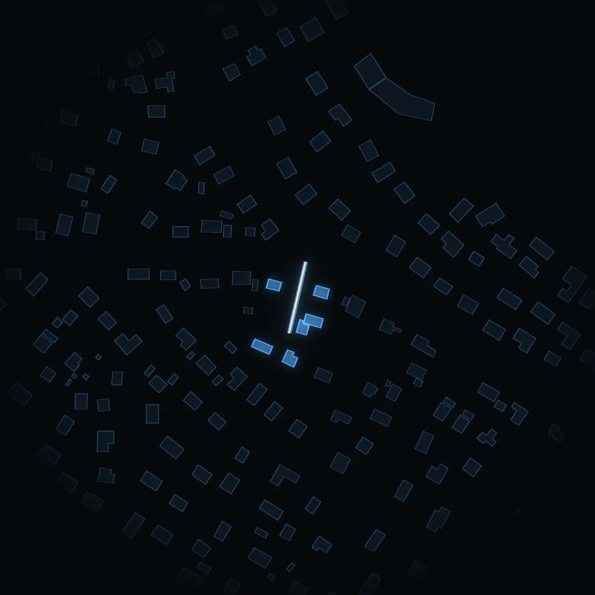 The street at night: Tjädergränd drawn in white, its buildings lit in the colour of their area’s income