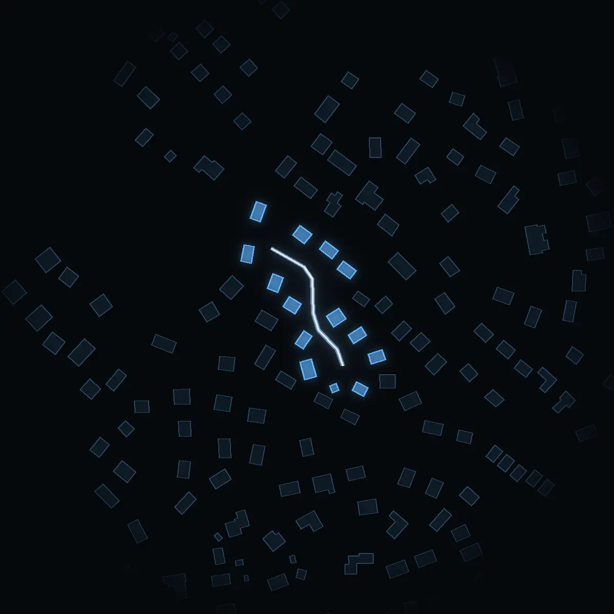 The street at night: Törestigen drawn in white, its buildings lit in the colour of their area’s income