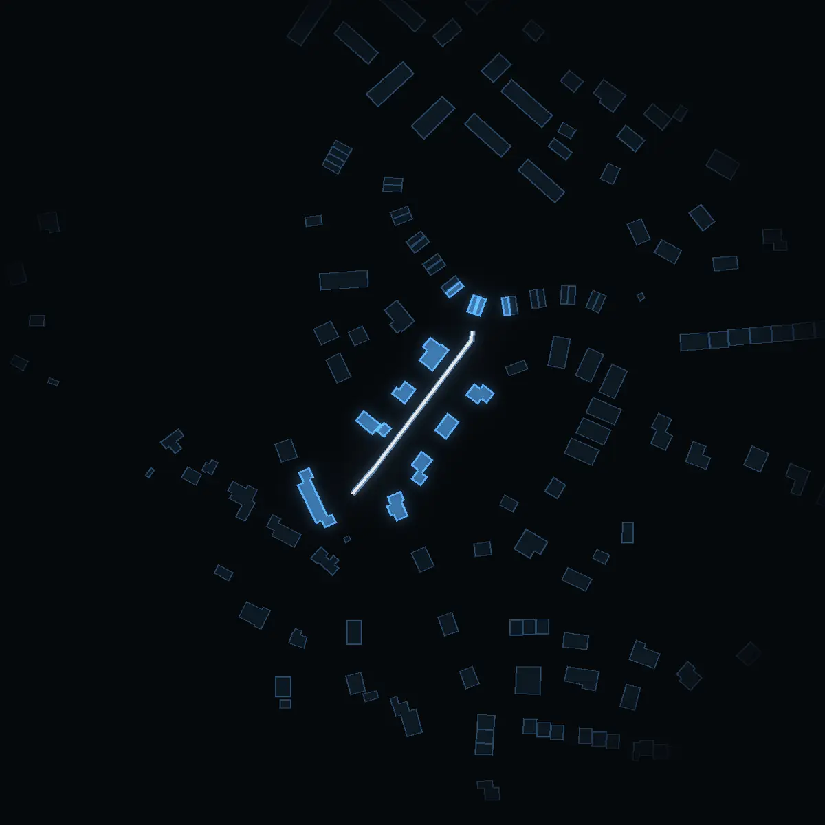 The street at night: Törnvägen drawn in white, its buildings lit in the colour of their area’s income