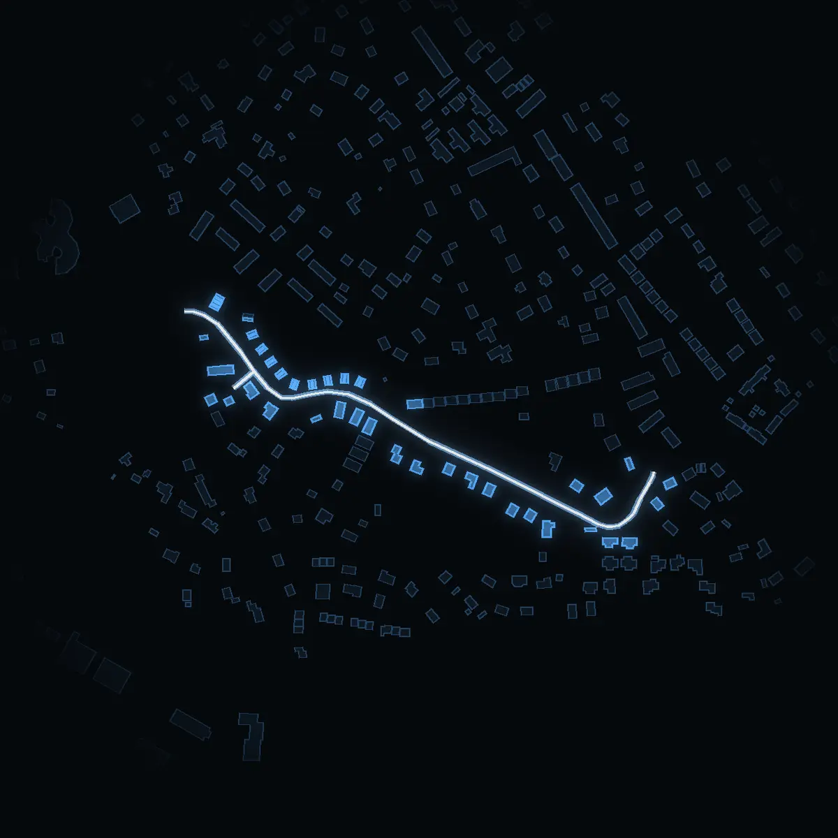 The street at night: Trehörningsvägen drawn in white, its buildings lit in the colour of their area’s income