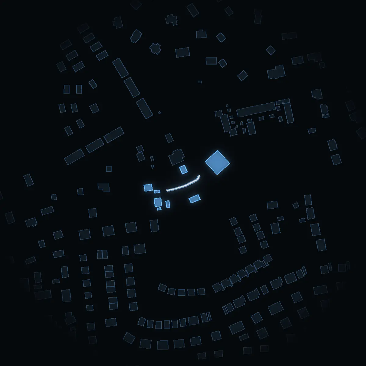 The street at night: Utsiktsgränd drawn in white, its buildings lit in the colour of their area’s income