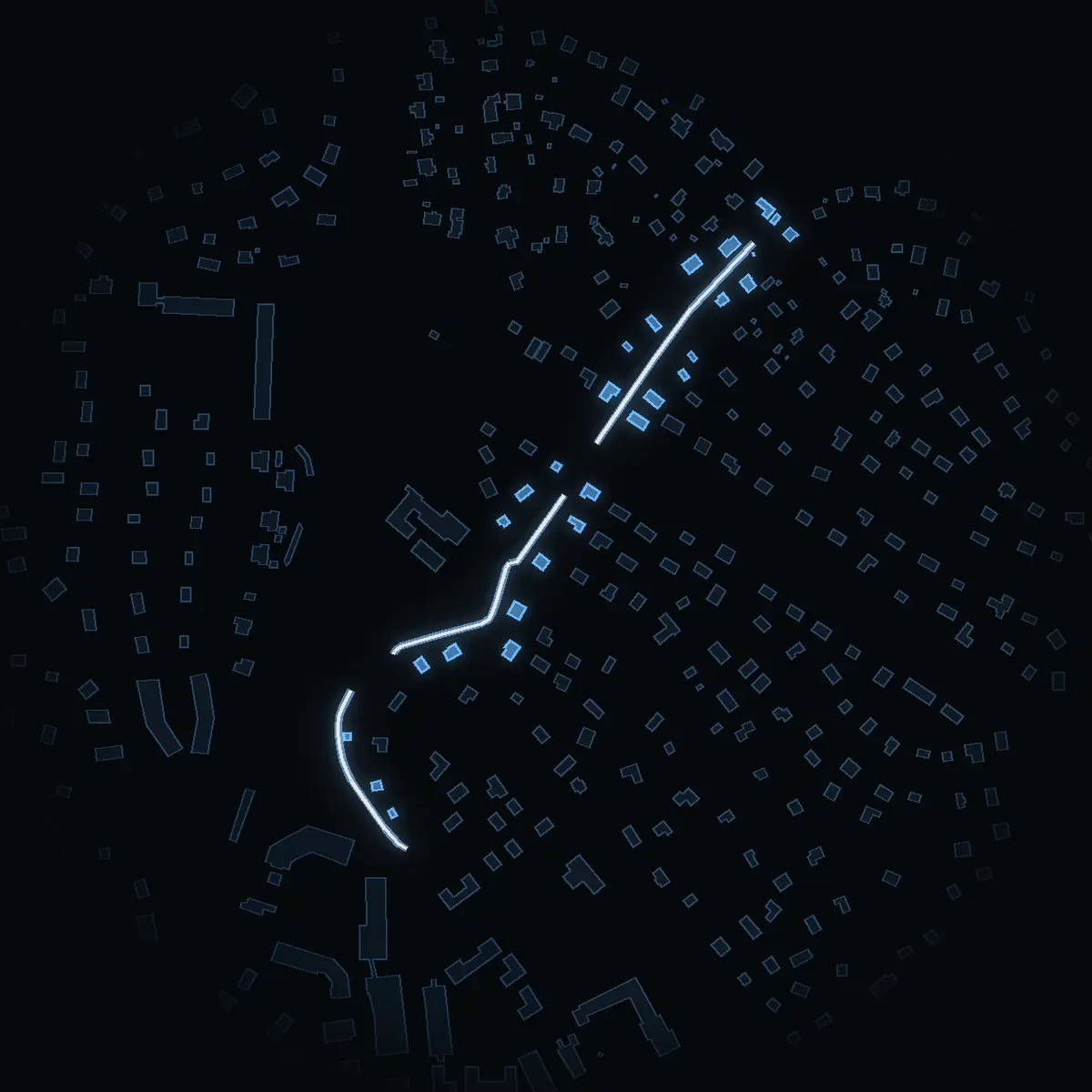 The street at night: Vågsättravägen drawn in white, its buildings lit in the colour of their area’s income