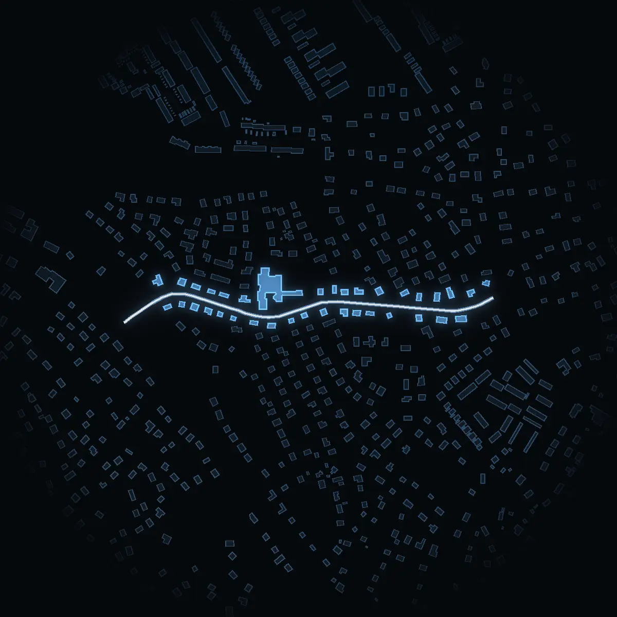 The street at night: Vänhemsvägen drawn in white, its buildings lit in the colour of their area’s income