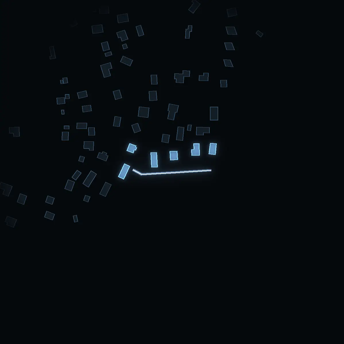 The street at night: Vårlöksstigen drawn in white, its buildings lit in the colour of their area’s income
