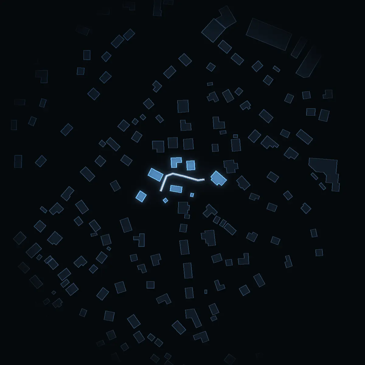 The street at night: Vinkelstigen drawn in white, its buildings lit in the colour of their area’s income