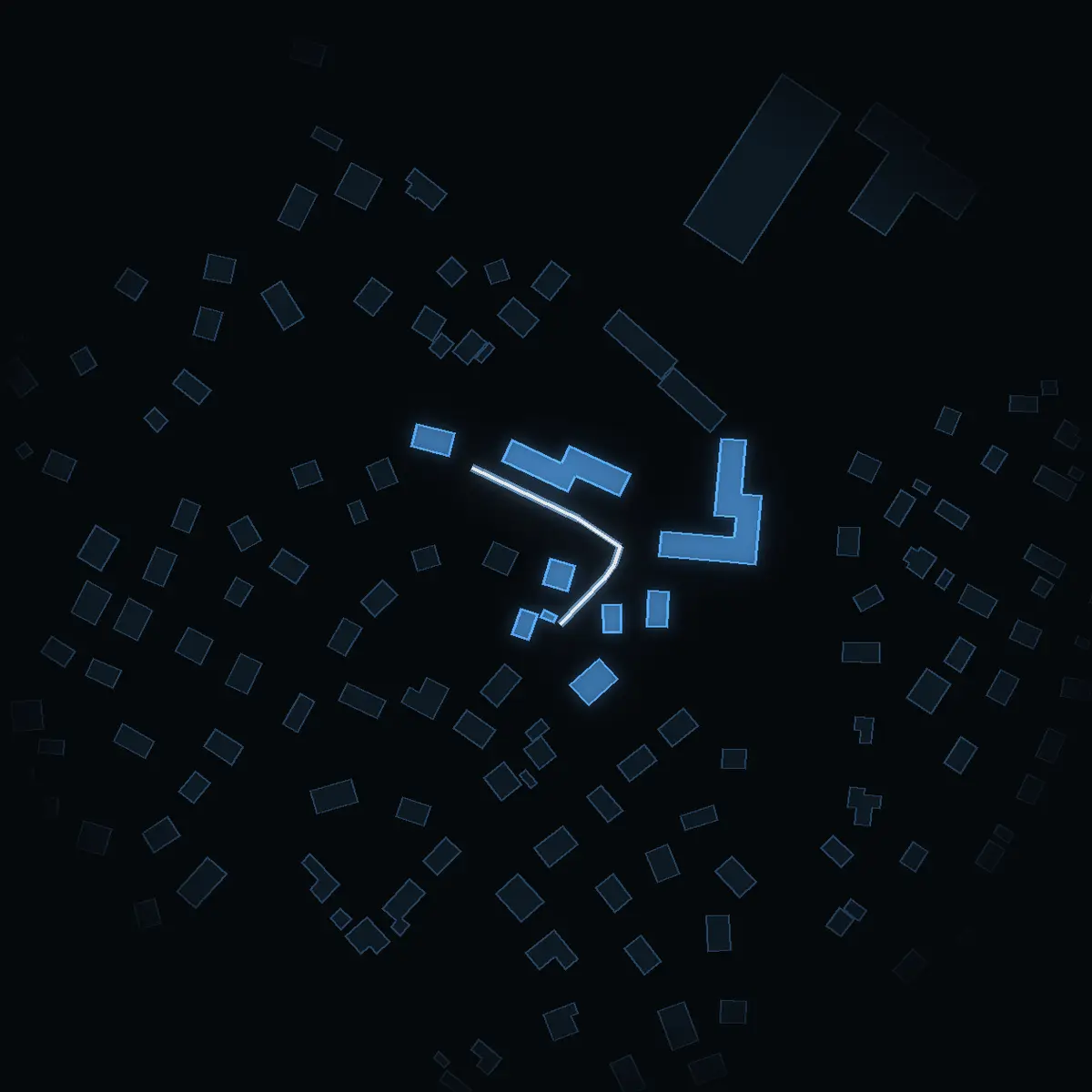 The street at night: Vistvägen drawn in white, its buildings lit in the colour of their area’s income
