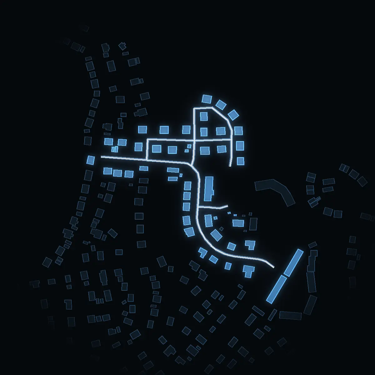 The street at night: Vitvingevägen drawn in white, its buildings lit in the colour of their area’s income