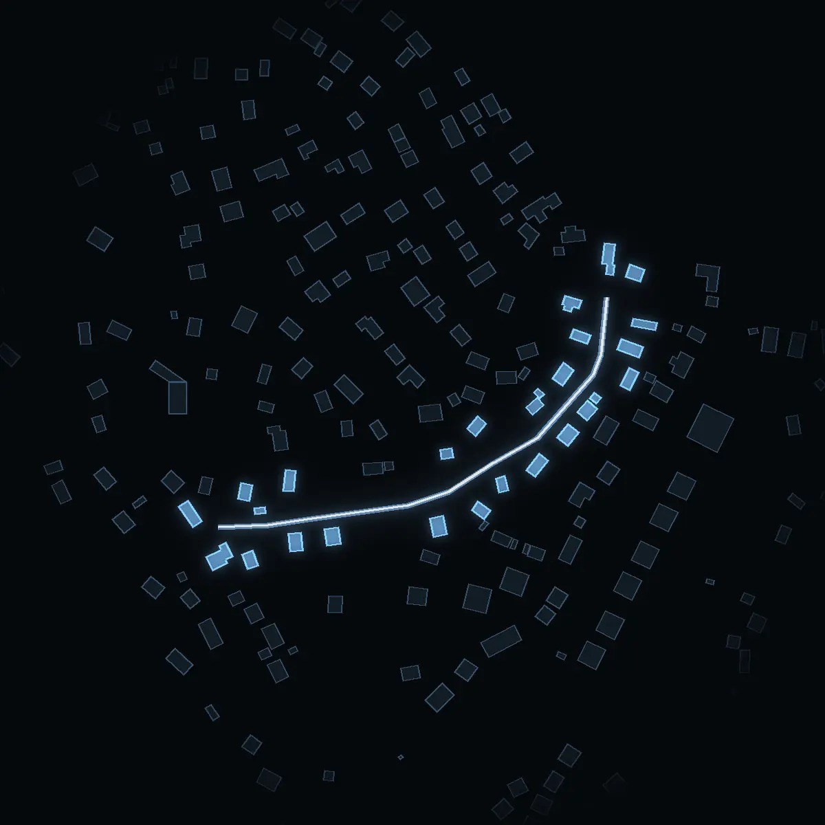 The street at night: Af Ugglas väg drawn in white, its buildings lit in the colour of their area’s income