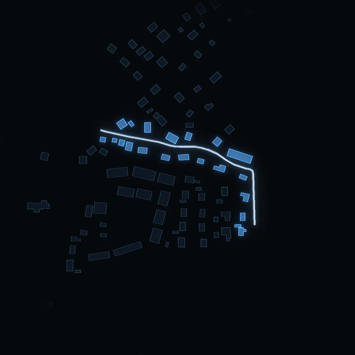 The street at night: Åkerbyvägen drawn in white, its buildings lit in the colour of their area’s income