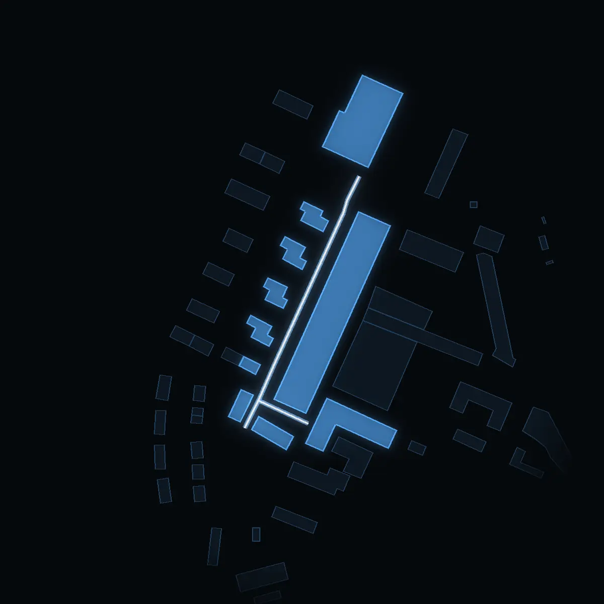 The street at night: Anton Johanssons väg drawn in white, its buildings lit in the colour of their area’s income