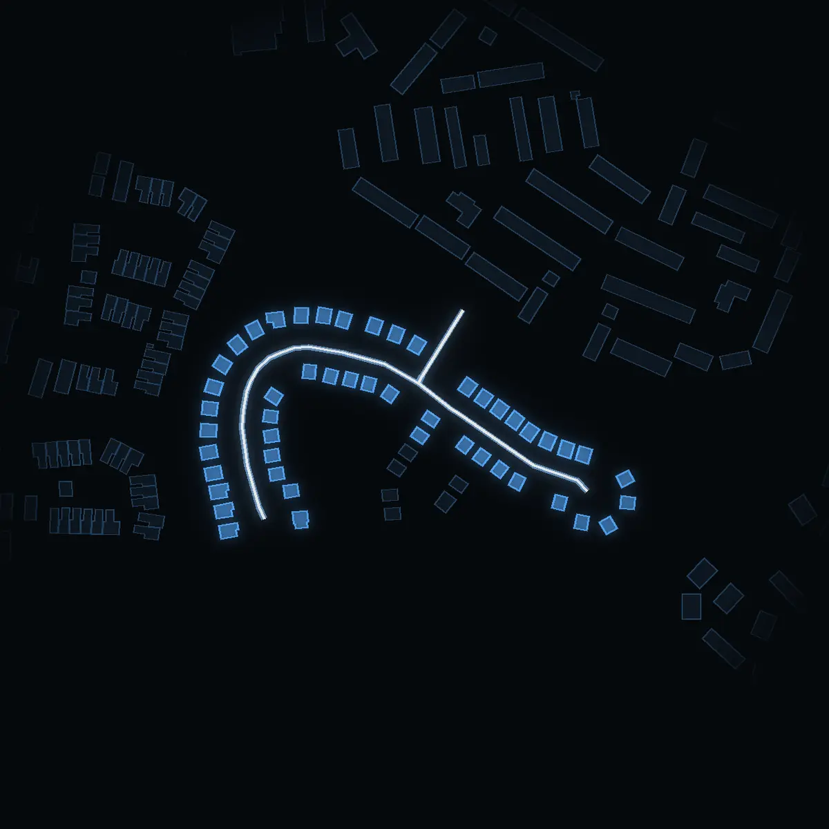 The street at night: Apelsinvägen drawn in white, its buildings lit in the colour of their area’s income