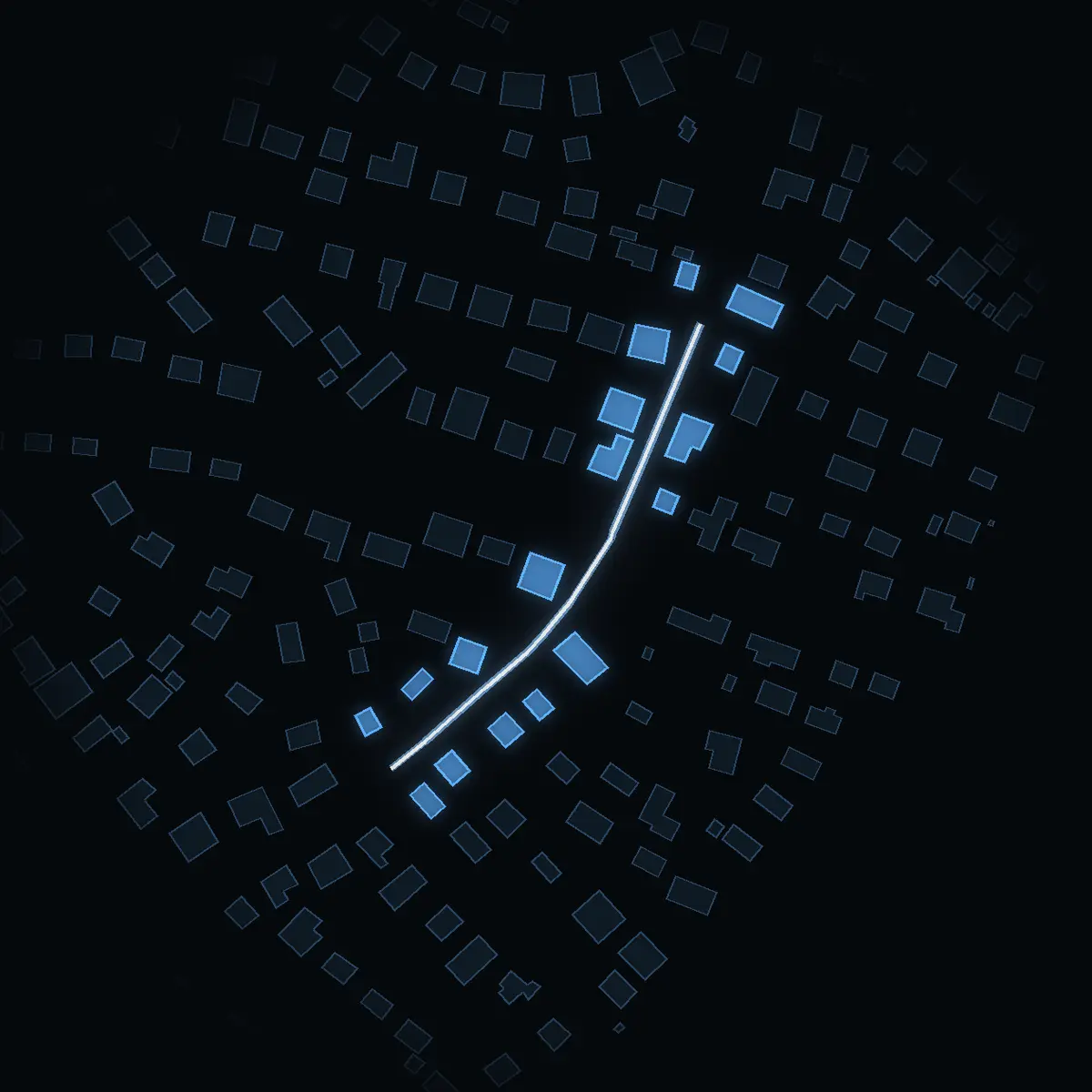 The street at night: Aspvägen drawn in white, its buildings lit in the colour of their area’s income