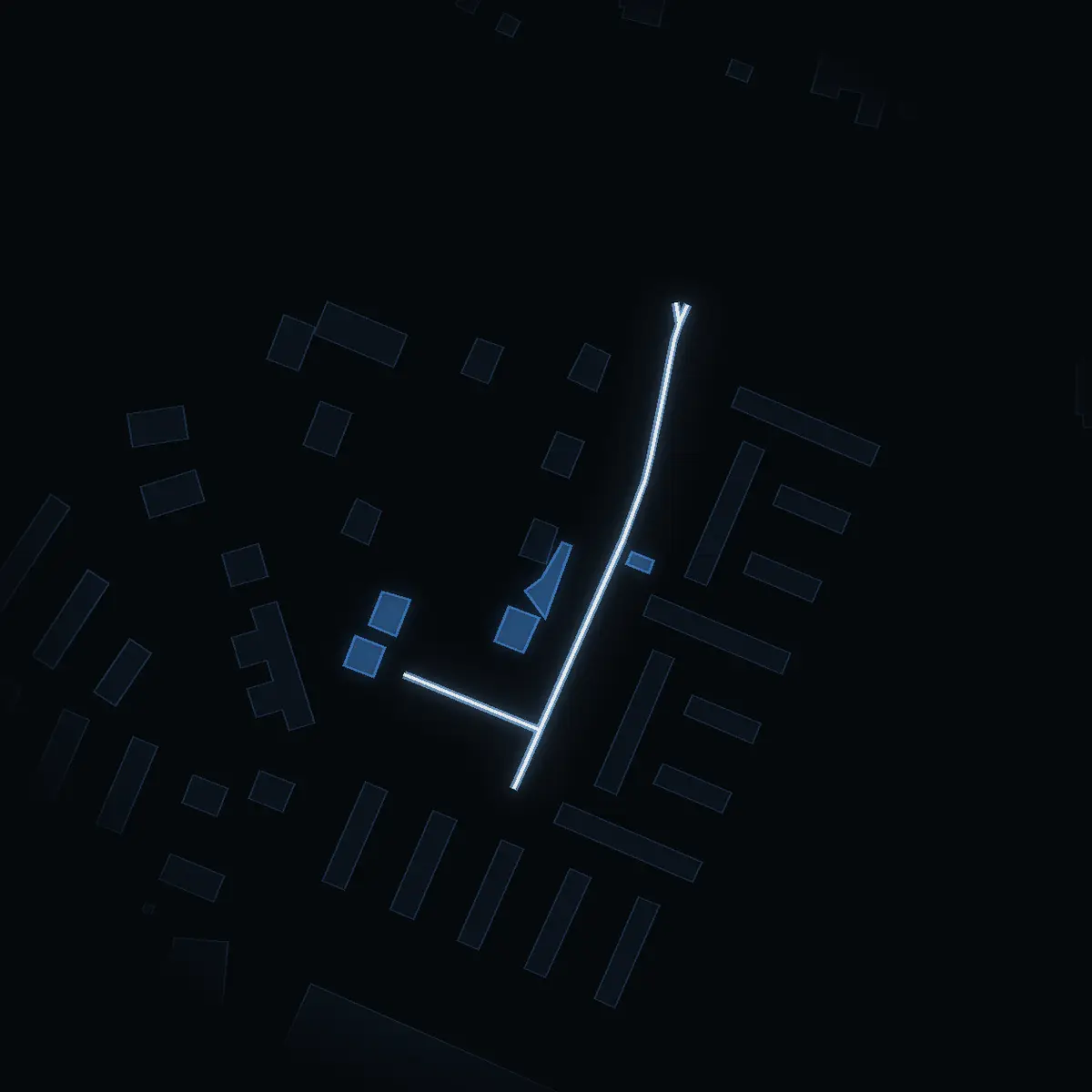 The street at night: Axvägen drawn in white, its buildings lit in the colour of their area’s income