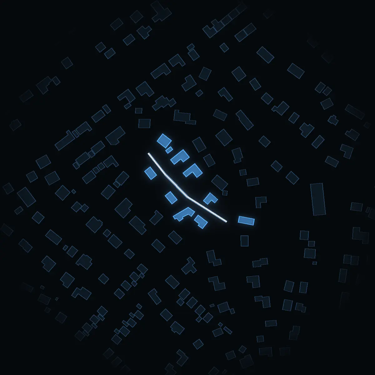 The street at night: Bältevägen drawn in white, its buildings lit in the colour of their area’s income