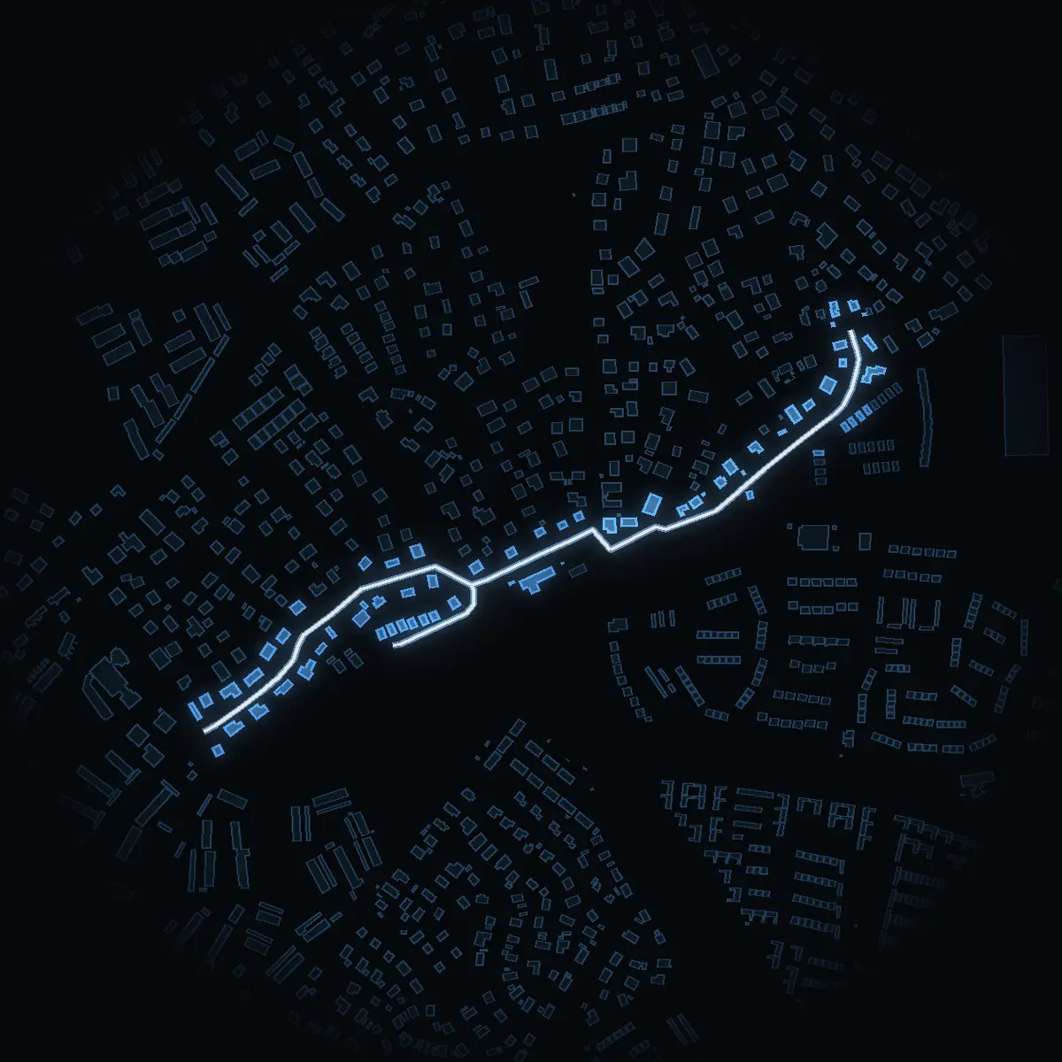 The street at night: Banvägen drawn in white, its buildings lit in the colour of their area’s income