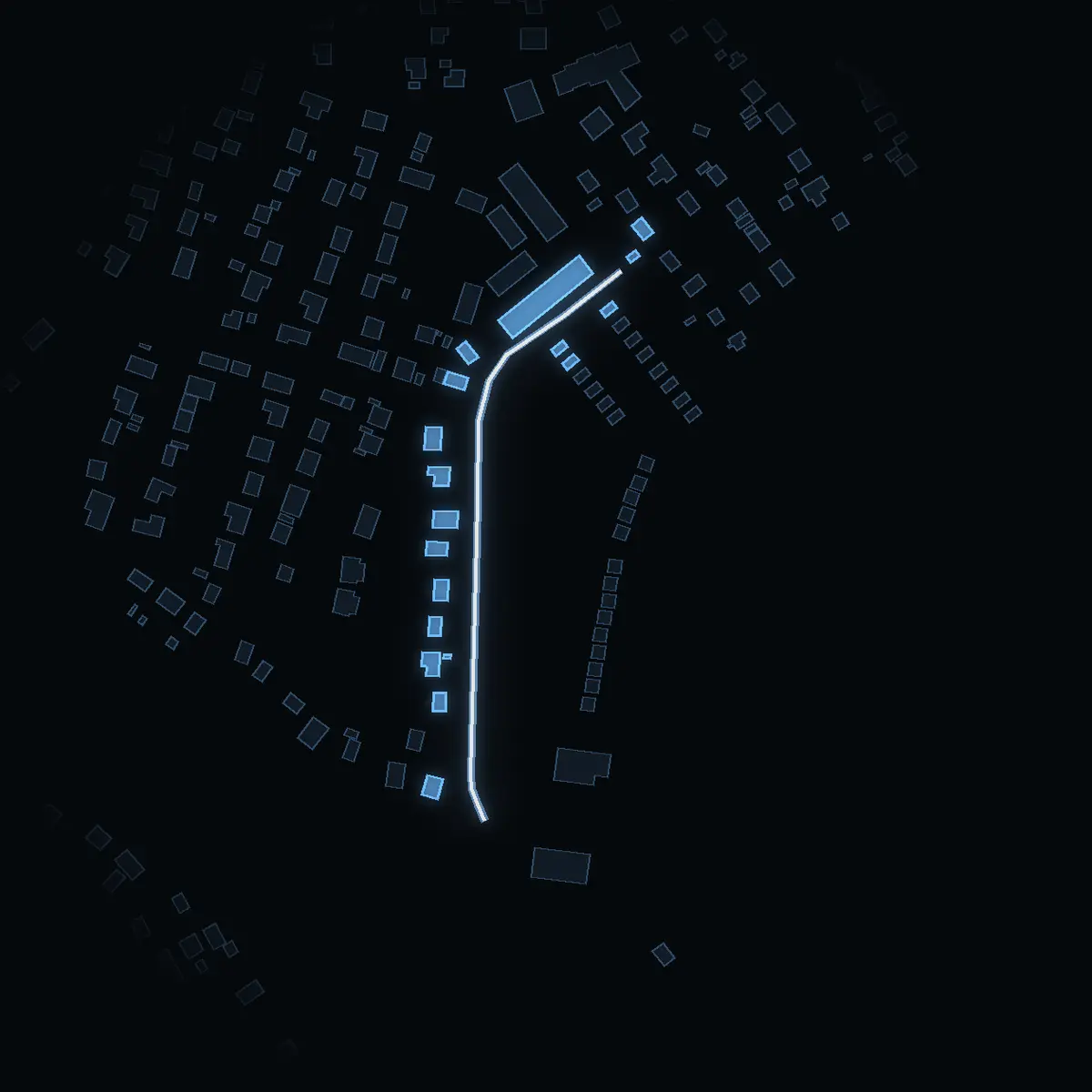 The street at night: Biskop Jöns väg drawn in white, its buildings lit in the colour of their area’s income