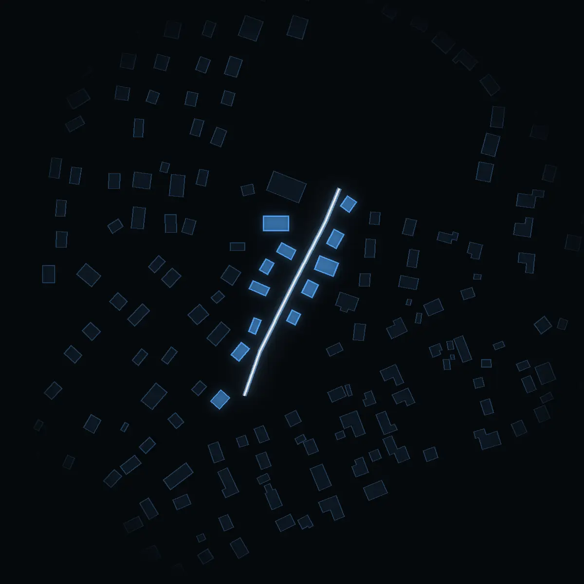 The street at night: Blomstervägen drawn in white, its buildings lit in the colour of their area’s income