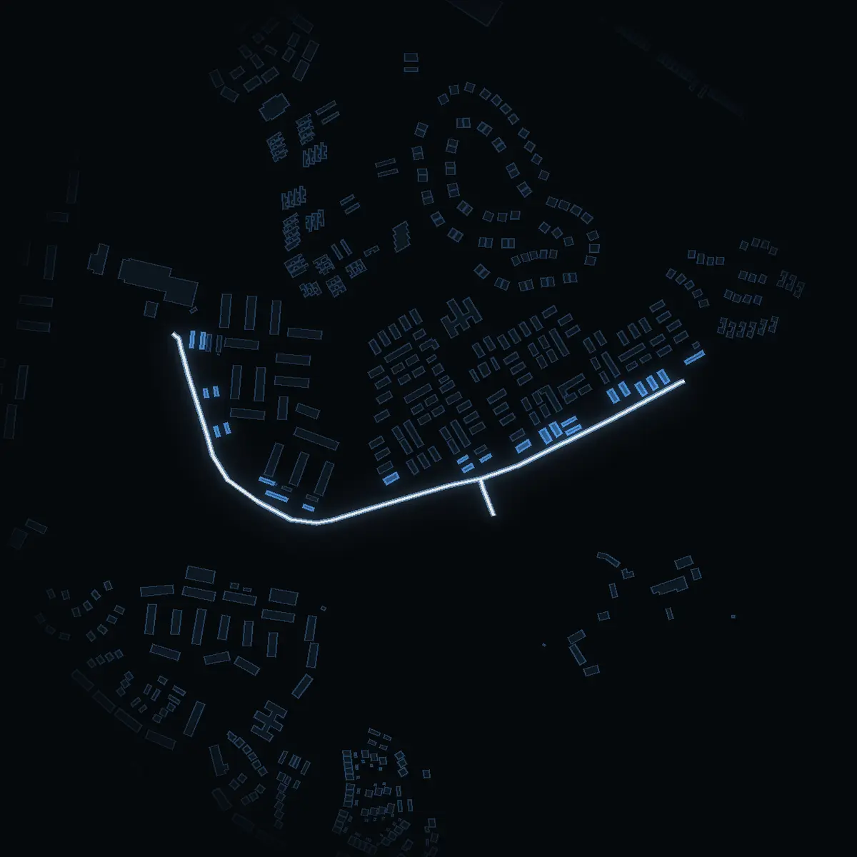 The street at night: Bondevägen drawn in white, its buildings lit in the colour of their area’s income