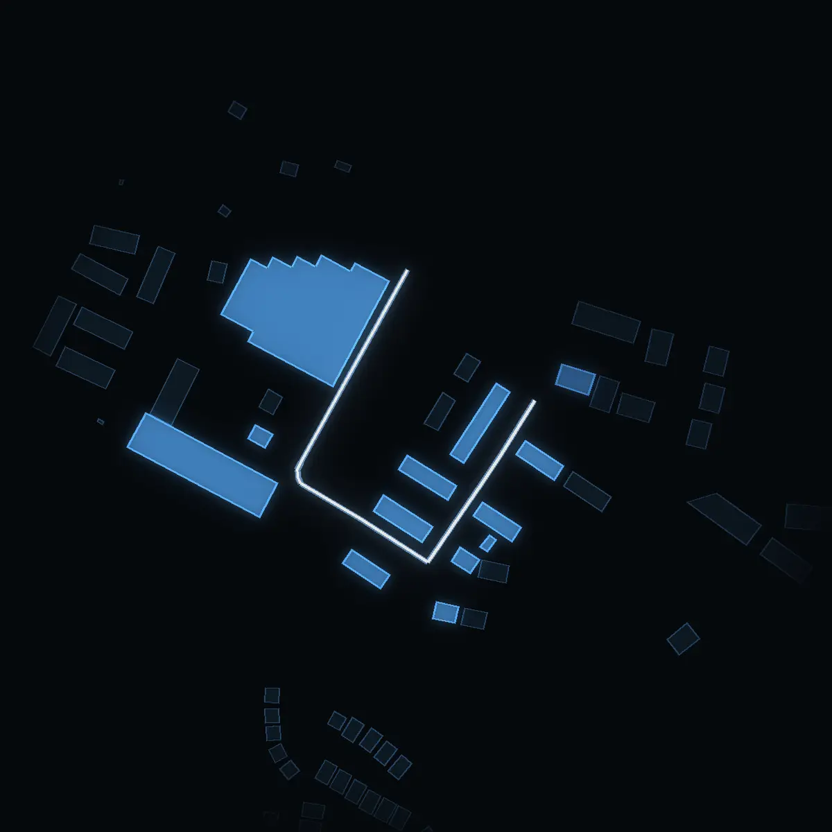 The street at night: Brageslingan drawn in white, its buildings lit in the colour of their area’s income