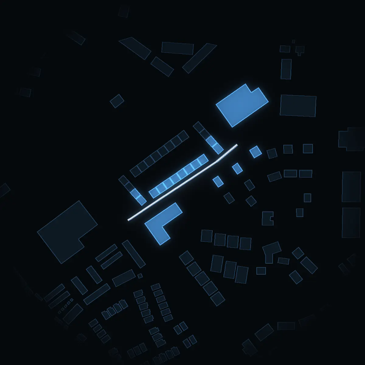 The street at night: Bråvallavägen drawn in white, its buildings lit in the colour of their area’s income