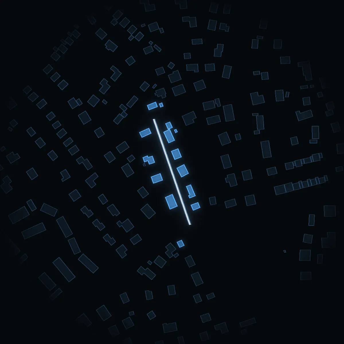 The street at night: Bronsvägen drawn in white, its buildings lit in the colour of their area’s income
