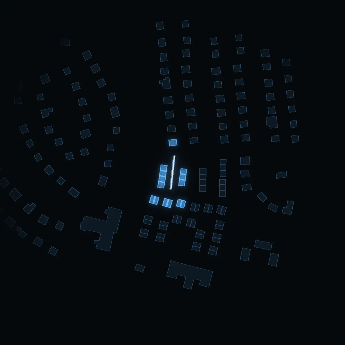 The street at night: Brukargränd drawn in white, its buildings lit in the colour of their area’s income