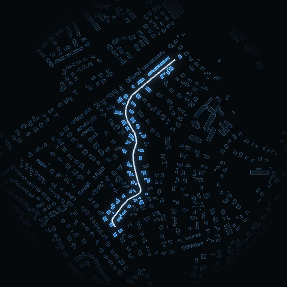 The street at night: Brynjevägen drawn in white, its buildings lit in the colour of their area’s income