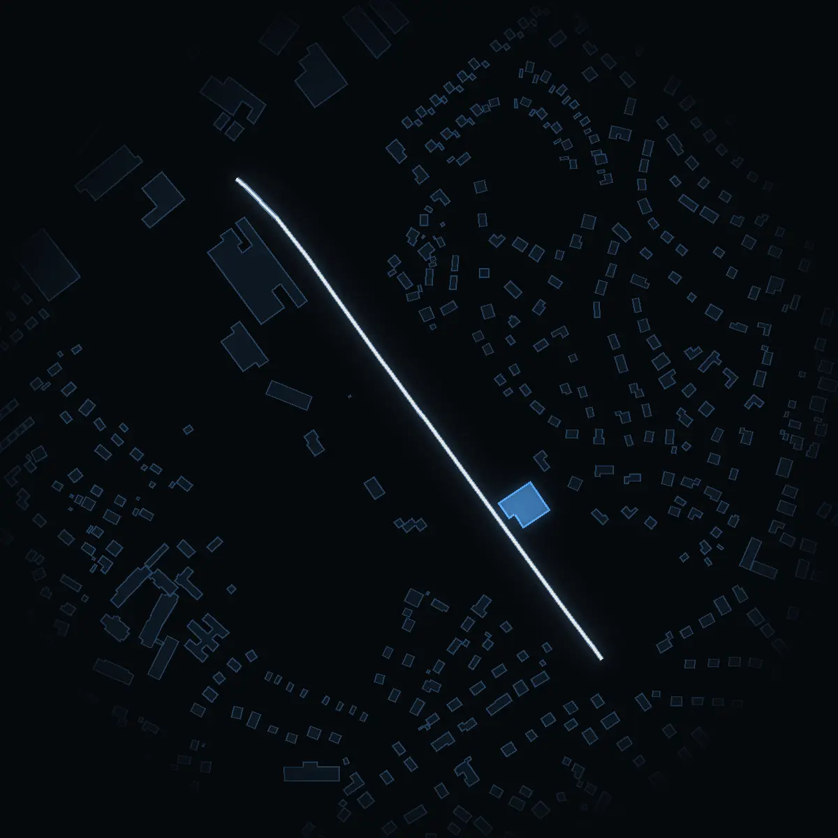 The street at night: Byleden drawn in white, its buildings lit in the colour of their area’s income