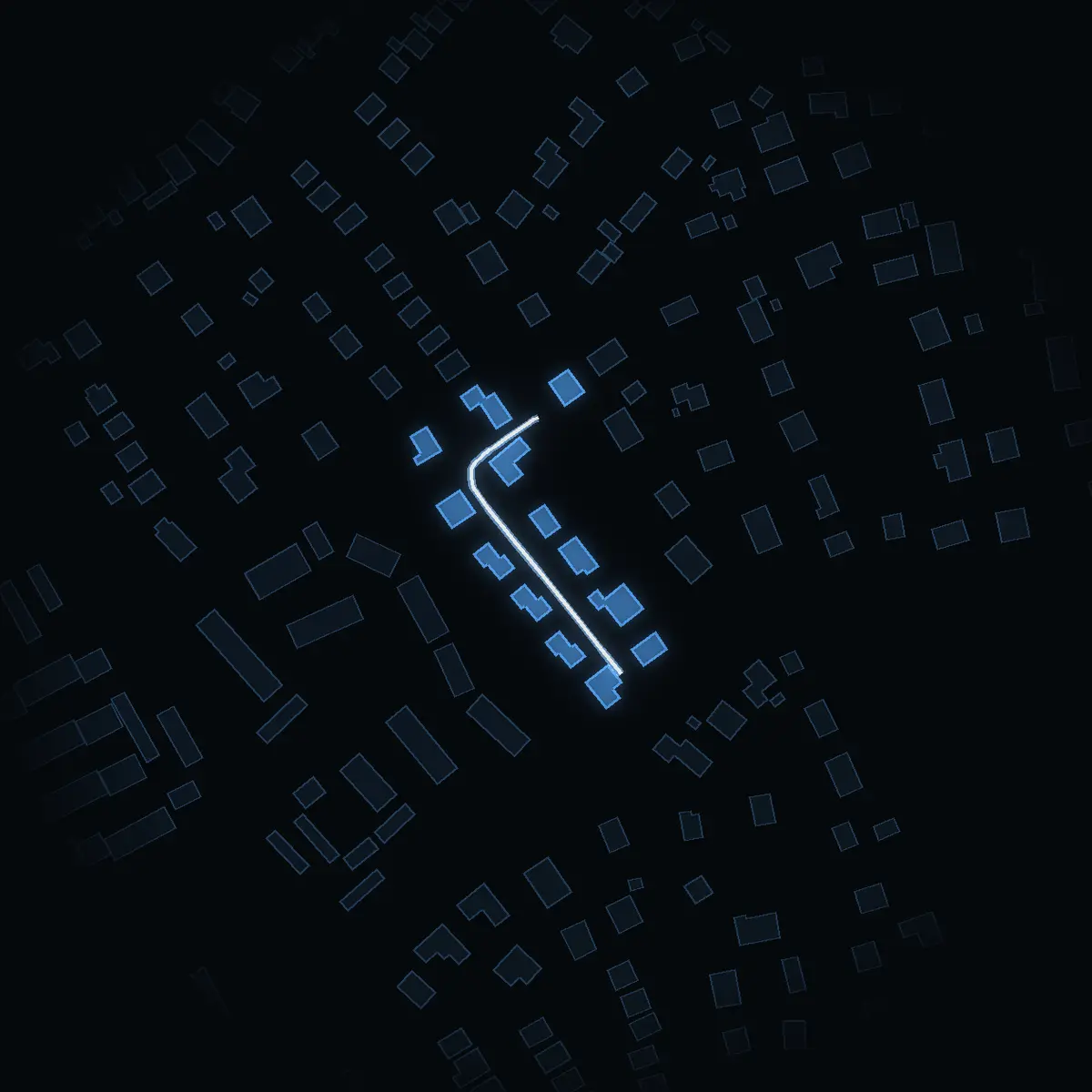 The street at night: Castorgränd drawn in white, its buildings lit in the colour of their area’s income