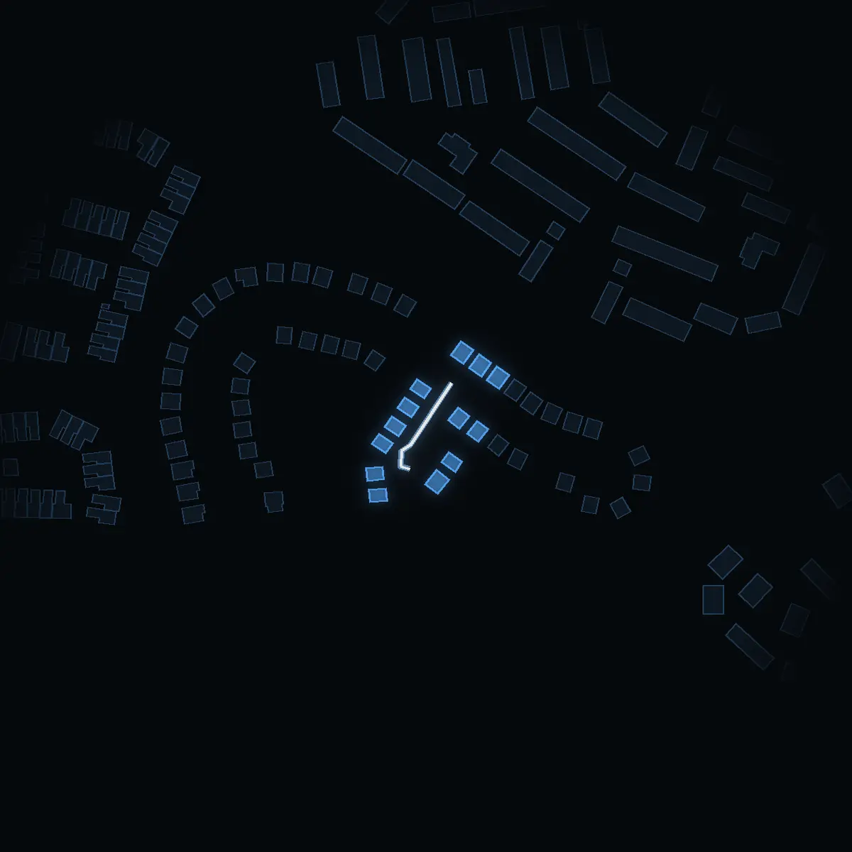 The street at night: Citronvägen drawn in white, its buildings lit in the colour of their area’s income