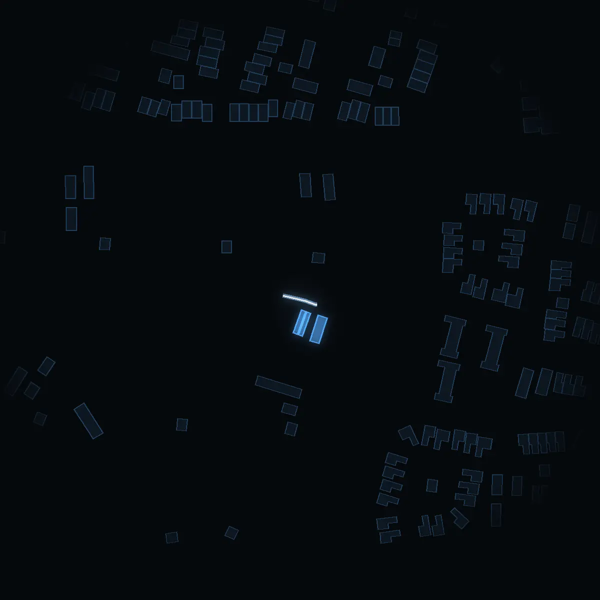 The street at night: Cittragränd drawn in white, its buildings lit in the colour of their area’s income