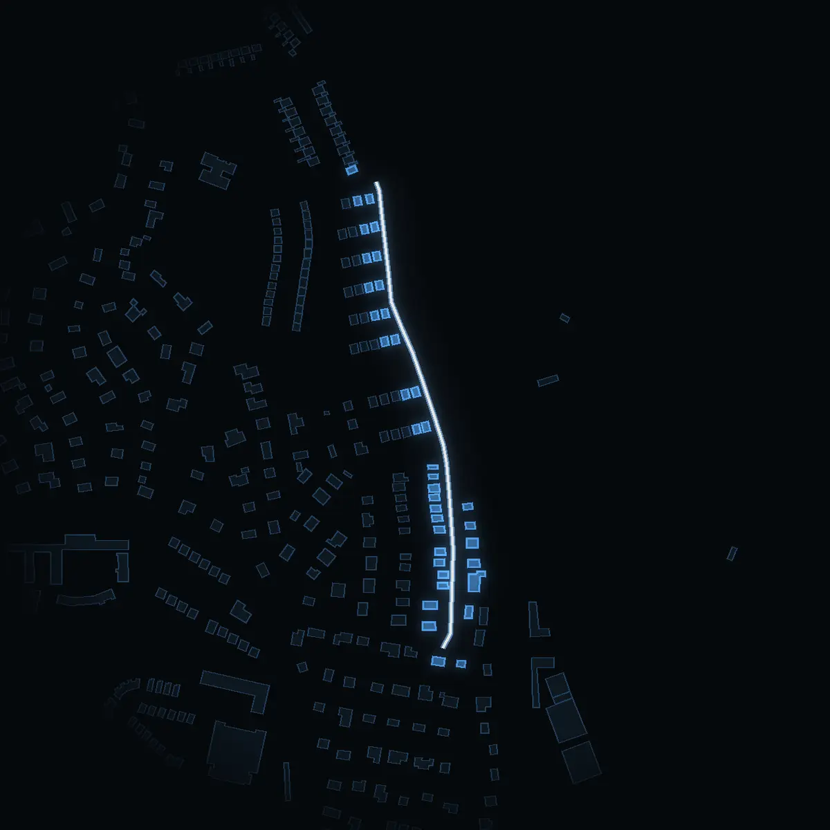 The street at night: Däckelvägen drawn in white, its buildings lit in the colour of their area’s income