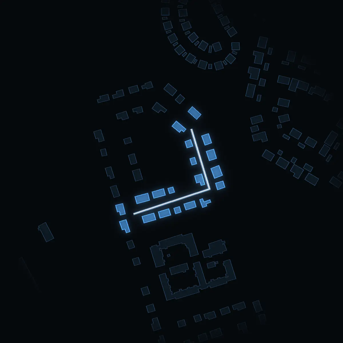 The street at night: Daggvägen drawn in white, its buildings lit in the colour of their area’s income