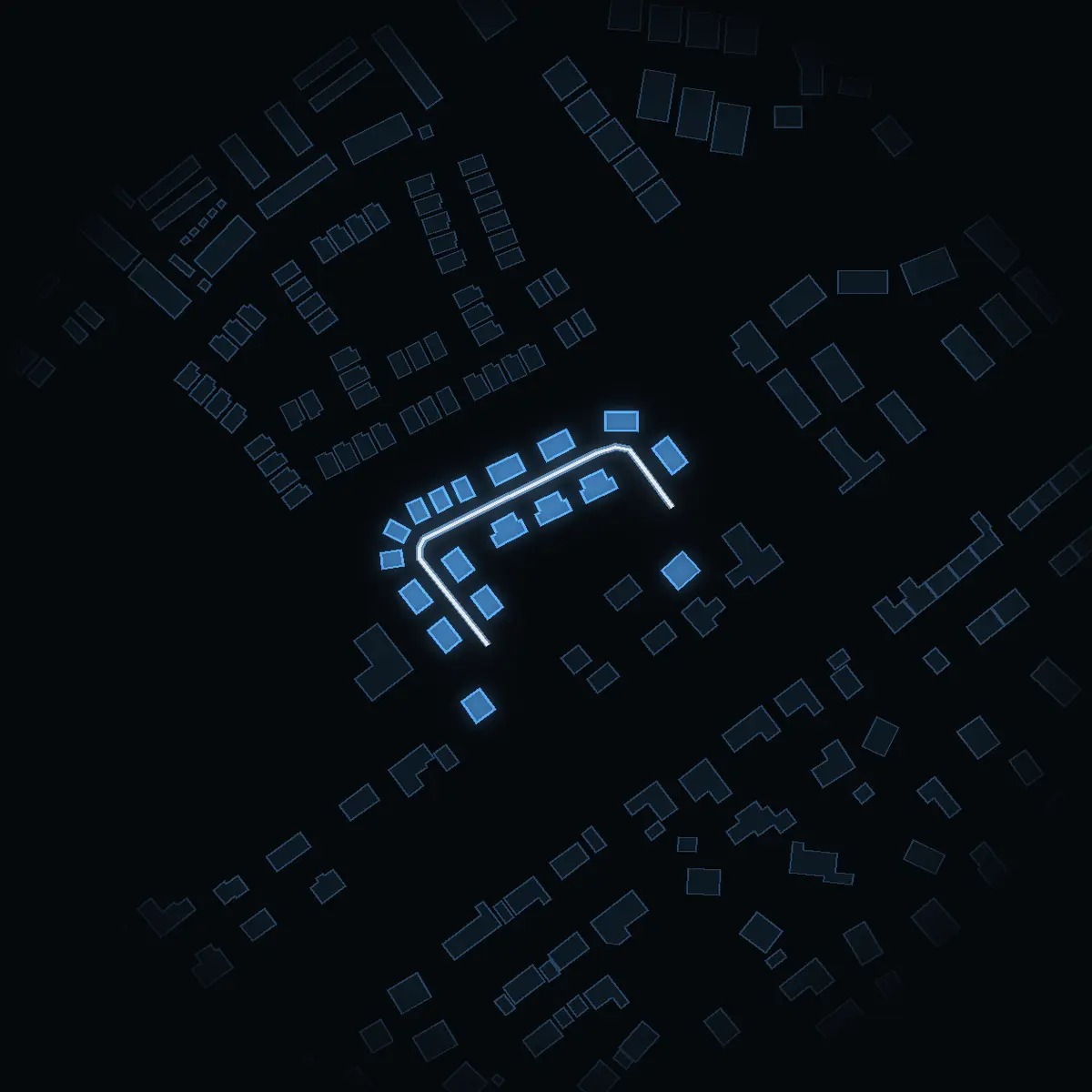 The street at night: Danagränd drawn in white, its buildings lit in the colour of their area’s income