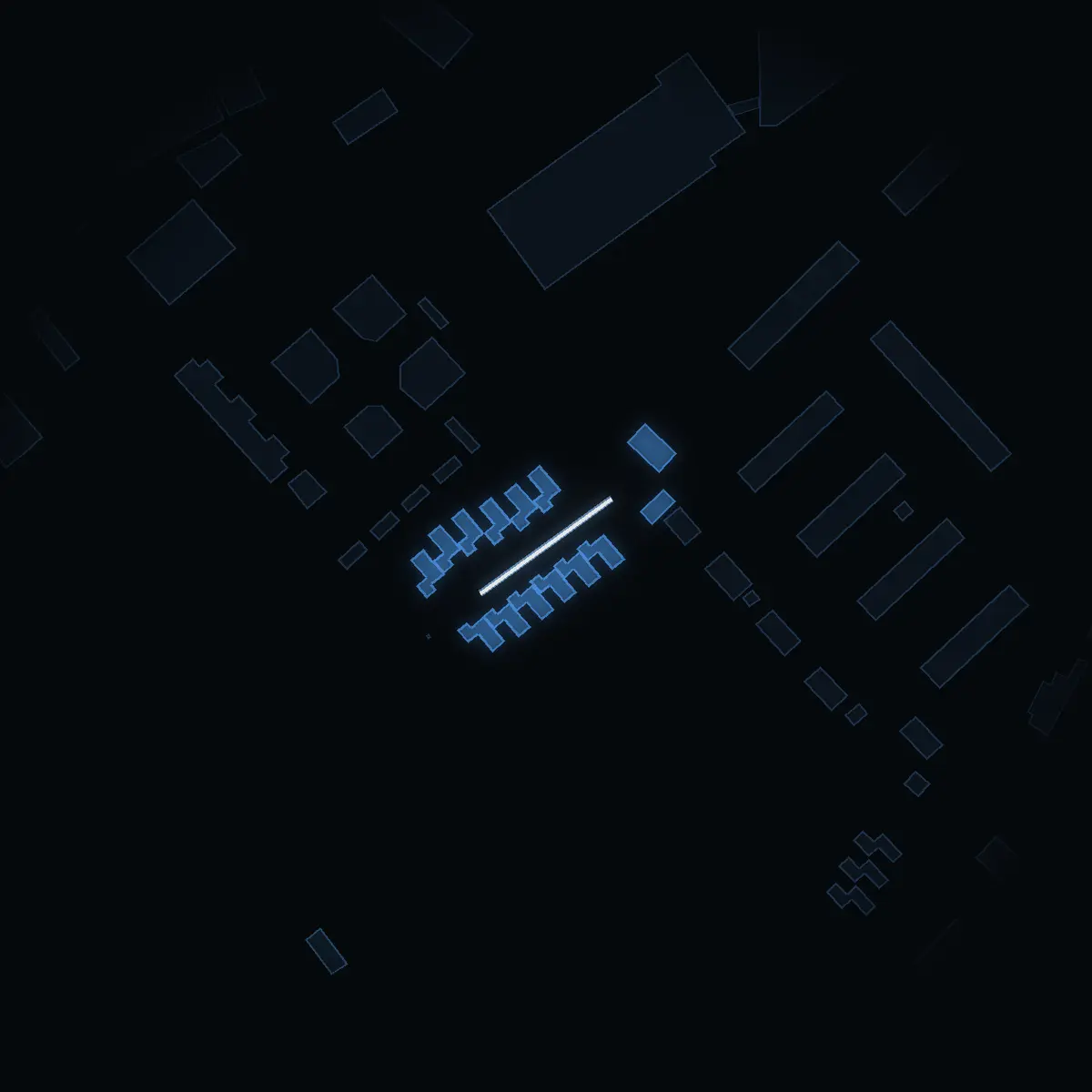 The street at night: Dvärgvägen drawn in white, its buildings lit in the colour of their area’s income