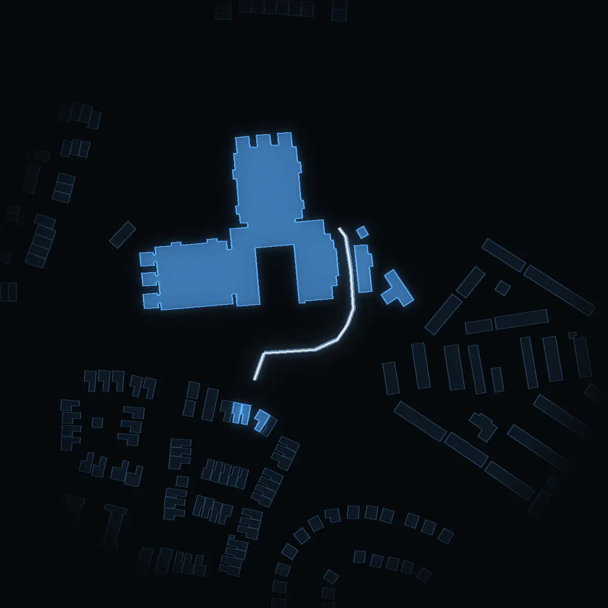 The street at night: Ekollongränd drawn in white, its buildings lit in the colour of their area’s income