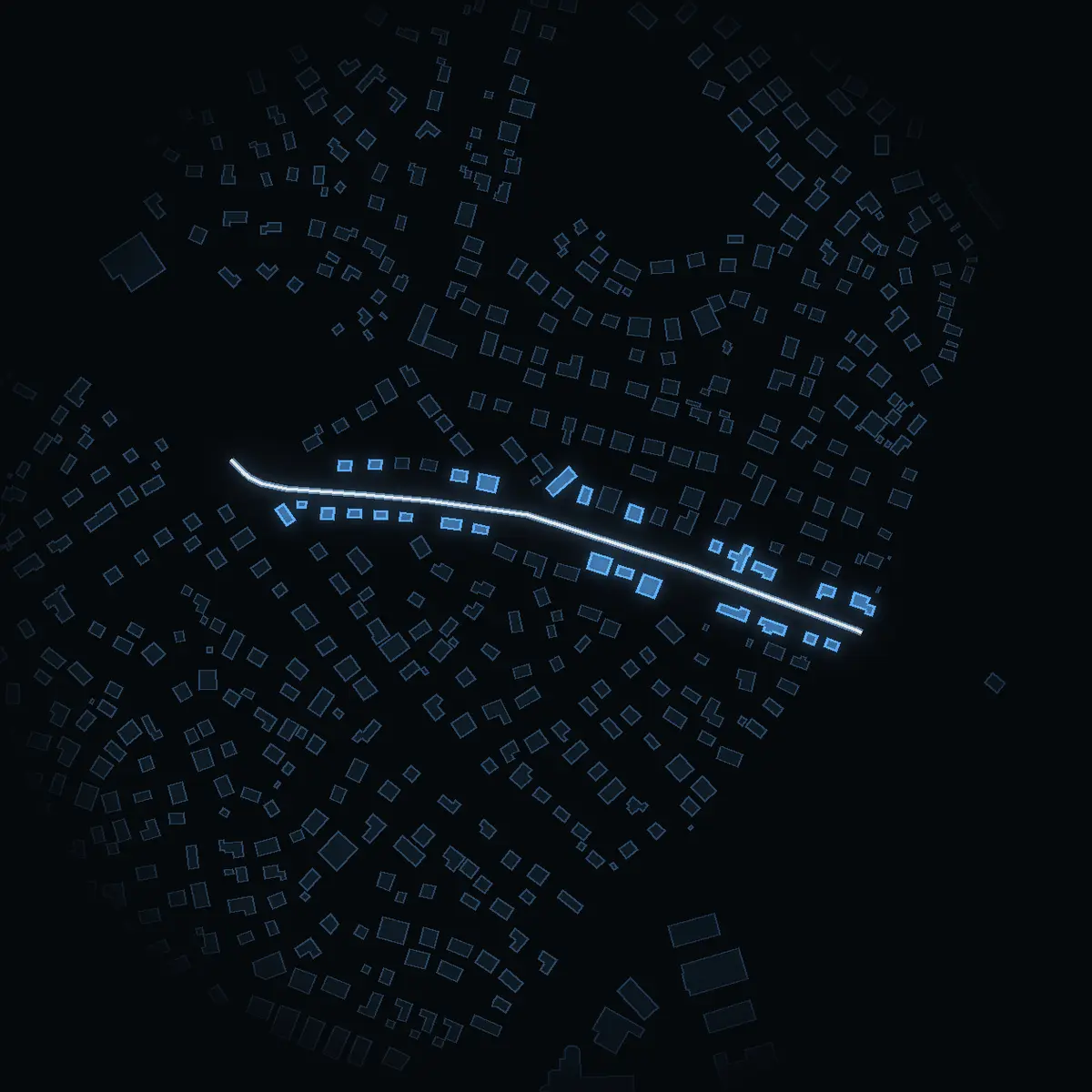 The street at night: Ekvägen drawn in white, its buildings lit in the colour of their area’s income