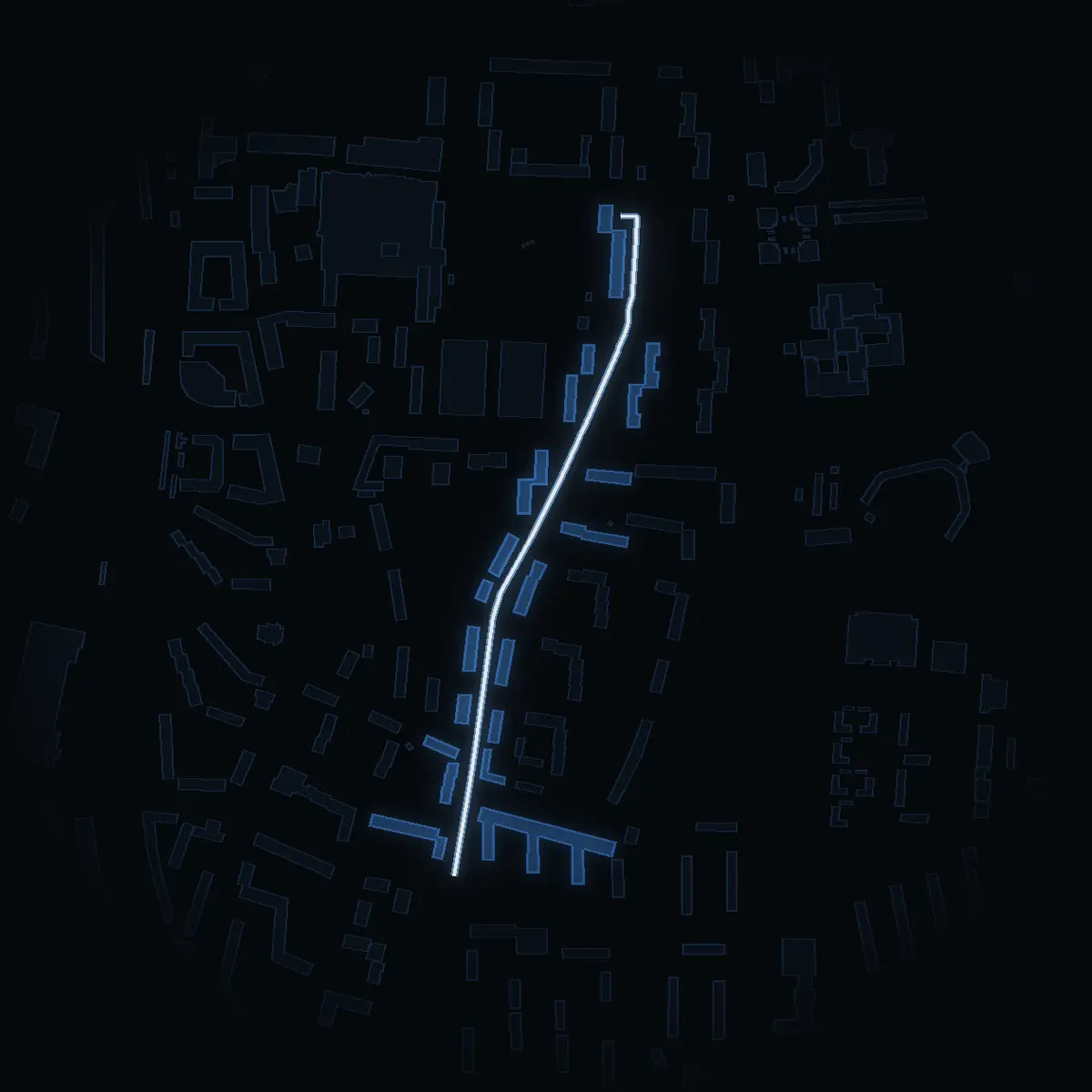 The street at night: Engelbrektsvägen drawn in white, its buildings lit in the colour of their area’s income