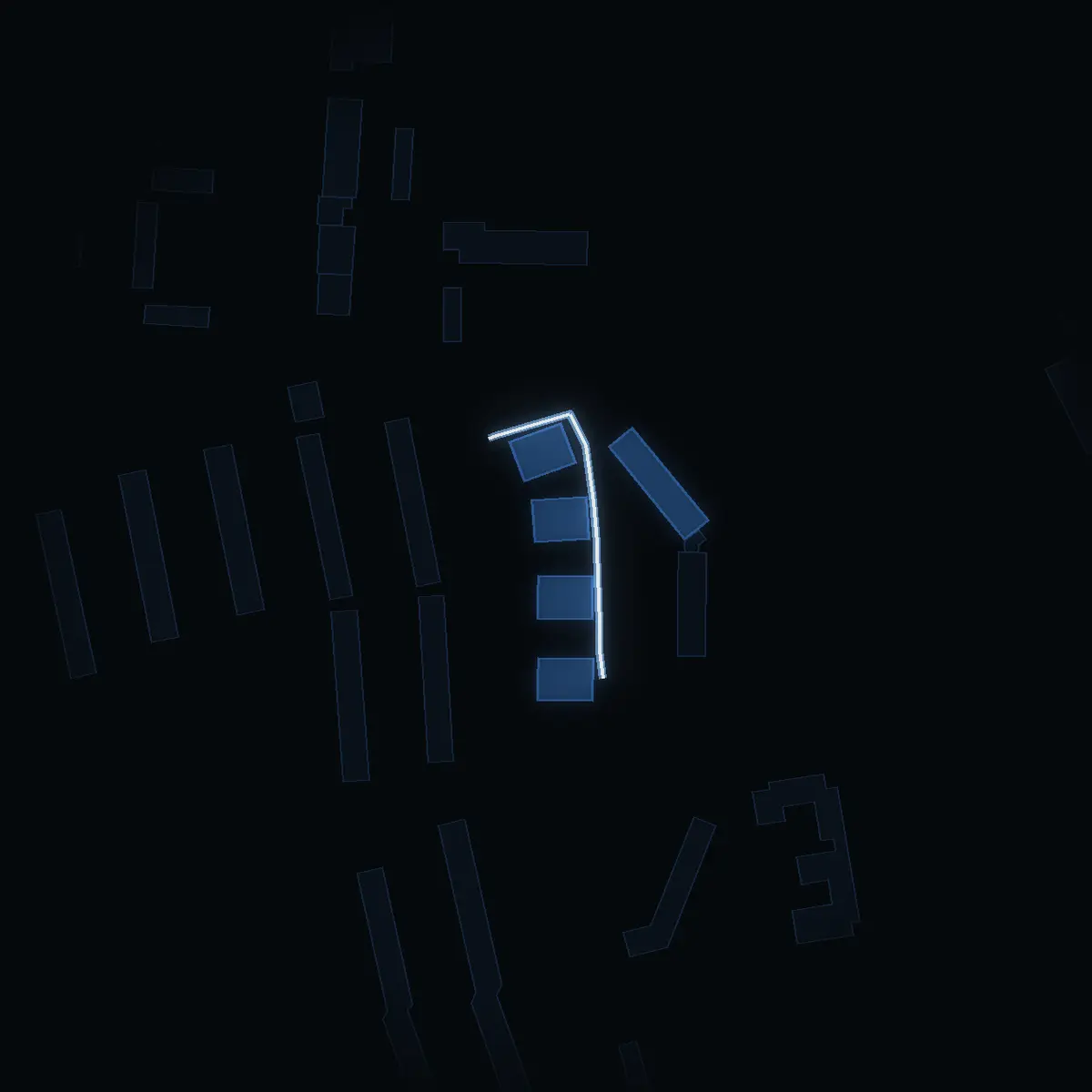The street at night: Eriksgränd drawn in white, its buildings lit in the colour of their area’s income